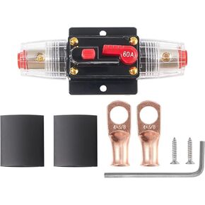 NuIth 60 Amp Fuse Holder Stereo Inline Fuse Inverter with Wire Lugs and Heat Shrink Tube, 12V-24V DC 60A Audio Inline Circuit Breaker with Manual Reset for Car Audio Sound Amplifier System