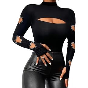 VKEGNIO Rhinestone Heart V Neck Shirts Womens Funny Heart Printed Pattern Pullover Casual Loose Long Sleeve Tunic Shirt Tops