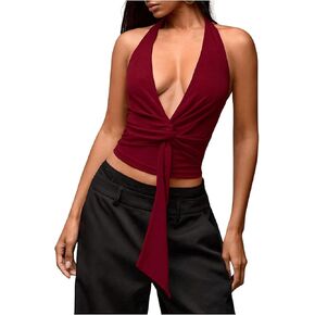 Milumia Women's Twist Knot Front Halter Top Deep V Neck Slim Fitted Tank Tops