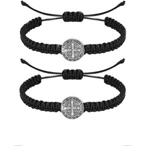 DATOA 2Pcs Saint Benedict Medal Bracelet Bracelet Catholic Bracelet Adjustable Braided String Bracelets Pray Religious Jewelry