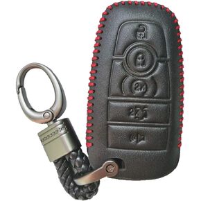 Hand Sewing Red Leather Key Cover Fob Case Protector Jacket Remote Bag for 2022 2023 2024 Ford Fusion F250 F350 F450 F550 Edge 2018 2019 2020 Explorer Expedition 2021 Lincoln Nautilus 5 Buttons