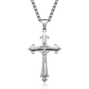 JO WISDOM Silver Black Gold Men's Cross Necklace 316L Stainless Steel Large Jesus Christ Pendant Religious Jewelry Pearl Chain for 24"