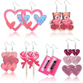 Bocar 6 Pairs Valentine's Day Hot Pink Earrings Set Heart Dangle Earrings for Women Costume Earrings Accessories Jewelry Gift (BER-1223)