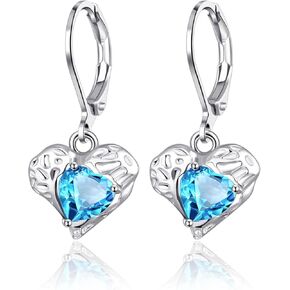 Love Heart Dangle Earrings Love Heart Leverback Earrings Blue CZ Drop Dangle Earrings for Women
