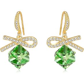 Austrian Crystal Cube Drop Dangle Bow Earrings for Women Fashion 14K Gold Plated Hypoallergenic Jewelry