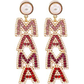 Elegant Shining Rhinestone Crystal Beaded MAMA Letter Drop Dangle Long Imitation Pearl Earrings Mother's Day Birthday Sweet Jewelry for Women Teens