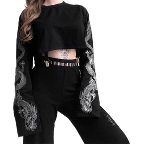 Women's Gothic Crop Tops Punk Shirts Steampunk Y2k Long Sleeve Witch Costume Blouse Alt Black Rave Top Emo Outfits