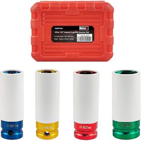 4-Piece 1/2" Drive Wheel Protector Impact Socket Set, Non-Marring Protective Wheel Lug Nut Impact Socket Set, includes sizes 17mm, 19mm, 21mm, and 22mm