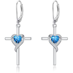 TOUPOP Birthstone Cross Earrings 925 Sterling Silver Heart Cross Earrings Cross Birthday Jewelry Valentines Day Anniversary Holiday Gifts for Her Wife Girlfriend Mom