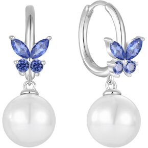 Pearl Hoop Huggie Earrings 925 Sterling Silver Butterfly Drop Dangle Earrings Birthstone Jewelry for Women