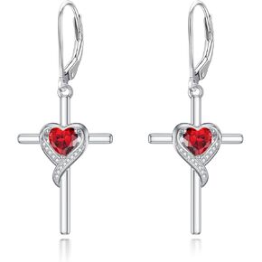 TOUPOP Birthstone Cross Earrings 925 Sterling Silver Heart Cross Earrings Cross Birthday Jewelry Valentines Day Anniversary Holiday Gifts for Her Wife Girlfriend Mom in Saudi Arabia