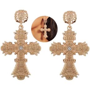 Gold Cross Dangling Earrings for Women, Colorful Rhinestone Cross Dangle Earrings Baroque Cross Pearl Drop Earrings Fashion Wedding Prom Jewelry
