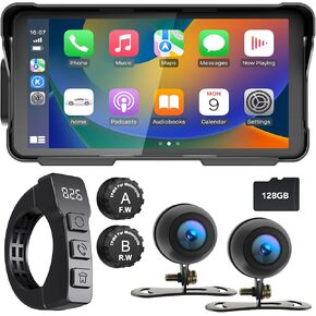 Professional 5.5" Waterproof Touchscreen, Motorcycle DVR, Motorcycle TPMS, Portable Carplay/Android Auto, GPS Navigation for Motorbike, Support Bluetooth, Siri, G00gle Assistant, TF-128G