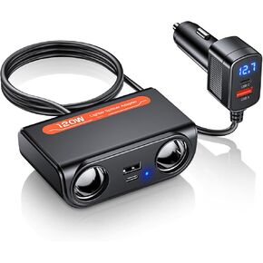7 in 1 Cigarette Lighter Splitter, ELECTOP 24/12V Socket Car Cigarette Lighter Splitter Power Adapter DC Outlet Car Charger Adapter with LED Voltage Display & Extension Cord