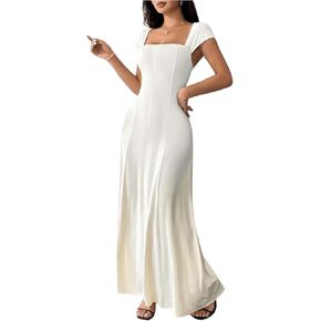 SOLY HUX Women's Square Neck Cap Sleeve A Line Flared Dress Summer Long Dresses