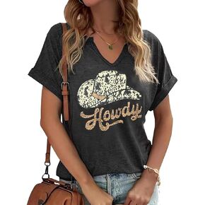 Womens V Neck T Shirt Flowers Graphic Tees Casual Short Sleeve Summer Tops Loose Country Music T-Shirt