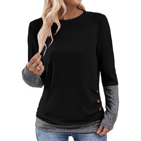 Avanova Women Ruched Side Long Sleeve Tops Crewneck Button Front Casual Tee Shirts