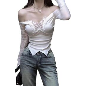 Korean Style Off Shoulder T Shirts Women Aesthetic Butterfly Cropped Mesh Tops Sexy Coquette Y2k Long Sleeve Tees