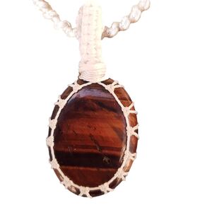Crystal Necklace with Stone Pendant - Amulet for Chakra Healing, Handmade Unisex Jewelry with Gift Bag, Handmade White Macrame Cord, Natural Gemstone by Smoky Quartz (tiger-eye brown)
