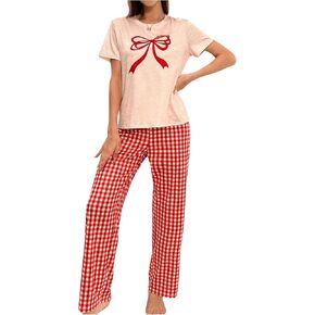 Verdusa Women's 2 Piece Pajama Set Short Sleeve Tee Top and Plaid Pants Loungewear