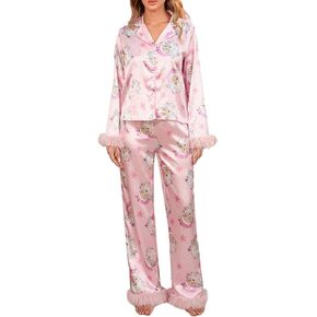 SOLILOQUY Women Christmas Pajamas Set Silk Satin Feather Fur Trim Long Sleeve Shirt and Pants 2 Piece Lounge Set Sleepwear
