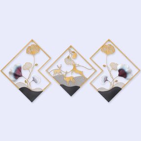 CAOMEIYIN 3PCS/SET 78x27inch Metal Wall Art Decor For Living Room Ginkgo Leaf 3D Wall Art for bedroom Office Dining Room Diamond shaped Metal Wall Decoration, Gold