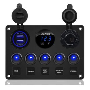 5 Gang Multi-Function Rocker Switch Panel, Dual QC 3.0 USB Charger with Touch Control, Digital Voltmeter & 12V Outlet for Car, Boat, Truck, Trailer