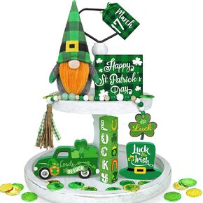 St Patricks Day Decor, 12 Pcs St Patricks Day Tiered Tray Decor - Plush Gnome, St Pattys Day Wooden Signs, Lucky Dice, Bead Garland, Saint Patricks Day Decorations for Table Mantel Shelf Desk