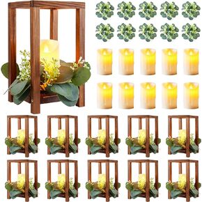 18 Set/54 Pcs Wooden Wedding Lantern Centerpiece Include 18 Wooden Lantern Candle Holder 18 LED Candles 18 Eucalyptus Leaves Wreath for Wedding Table Party Baby Shower Farmhouse Decor