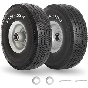4.10/3.50-4" Flat Free Tire and Wheel, 10" Solid Tire with 5/8" Axle Bore Hole, 2.2" Offset Hub for Hand Truck Garden Wagon Cart Trolley Dolly Lawn Mover Replacement Tire