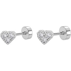 18g Tiny CZ Heart Love Earrings for Women Stainless Steel Hypoallergenic Caystal Cute Stud Hearted Cartilage Tragus Piercing Jewelry Flat Screw Back Post Sensitive Ear Wedding Xmas Gift