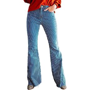 Flamingals Flared Jeans for Women Mid Waisted High Stretch Bootcut Jeans Vintage Raw Hem Striped Pattern Trendy Denim Jeans