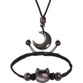 Black Obsidian Cat Bracelet and Moon Necklace Set-Cat Lover Gifts,Cat Head Bead Bracelet , Cat Paw Beaded Bracelets,Wealth Attraction Bracelet, Good Luck Bracelet,Emotional Regulation Bracelets,Obsidian Necklace- Cute Gifts for Women