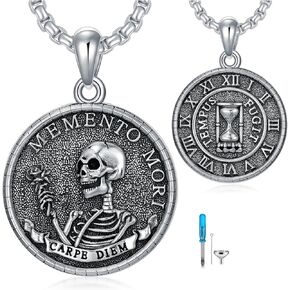 PELOVNY Memento Mori Necklace for Ashes of Loved One 925 Sterling Silver Stoic Skull Skeleton Necklace Cremation Urn Jewelry for Men Women