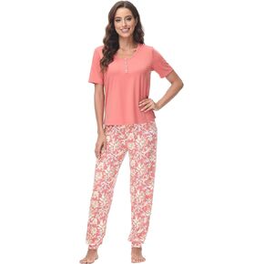 INK+IVY Women's Casual, Relaxed Fit Loungewear Pajama Set with Floral Print Ankle Cuff Trouser