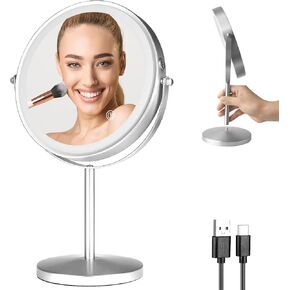 Lighted Makeup Mirror, 8" 4000mAh Rechargeable Lighted Makeup Mirror with 3 Color Lights and 1X/ 10X Magnification, Double Sided Swivel Vanity Makeup Mirror Brightness Adjustable- Chrome