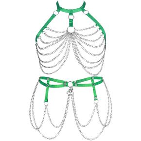 Women's Body Harness Bra Plus Size Metal Chain Bra Set Punk Stockings Garter Gothic Halloween Carnival Costume