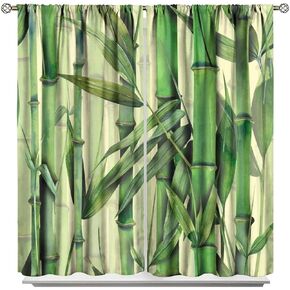 Green Leaf Kitchen Curtains, Abstract Bamboo Trees in Japanese Forest Botanical Oriental Outdoors, Window Drapes 2 Panel Set for Kitchen Cafe Decor 42x45 Inch