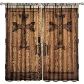Wooden Doors Curtains Rustic Medieval Farmhouse Country Wooden Doors Print Window Drapes for Kitchen Bedroom Living Room Rod Pocket Blackout Curtains 2 Panels 26x84in, Style-9