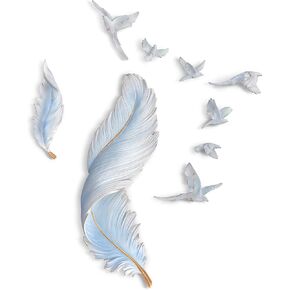 Aurtem Feathers Flying Birds Resin Wall Statue Sculpture Hanging Wall Art Decor 3d Hand Painted Home Decoration Wall Art Decor for Mother's Day(blue Big Feather + Small Feather + Birds)
