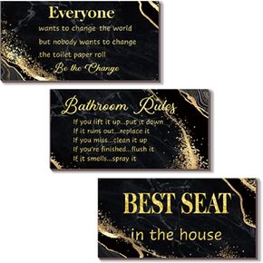 3 Pieces White Gold Bathroom Decor Bathroom Rules Wall Art White Gold Bathroom Rules Best Seat in The House Rustic Farmhouse Wooden Sign for Bathroom Toilet Wall Decor (White Gold 10x5)