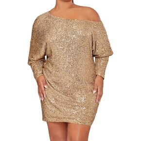 RED DOT BOUTIQUE 863 - Asymmetrical Neck Off Shoulder Batwing Sleeves Sequin Party Plus Size Dress