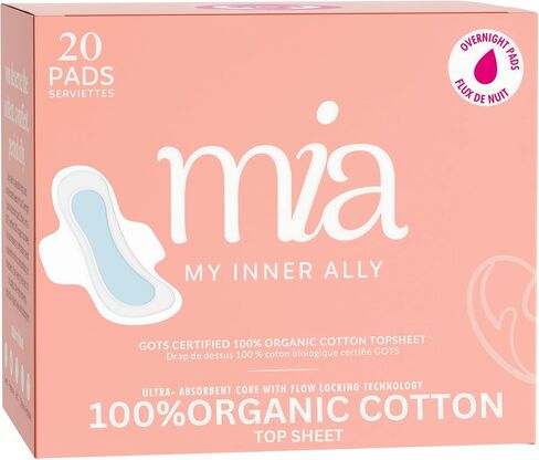 Mia Overnight Sanitary Pads for Women 20 Count 330mm Organic Cotton Top Sheet Leak-Proof Ultra-Soft Napkin Absorbent Chlorine-Free Fragrance-Free Heavy Flow Locking Technology for Overnight Protection in Saudi Arabia