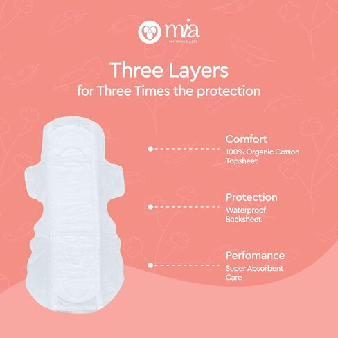 Mia Overnight Sanitary Pads for Women 20 Count 330mm Organic Cotton Top Sheet Leak-Proof Ultra-Soft Napkin Absorbent Chlorine-Free Fragrance-Free Heavy Flow Locking Technology for Overnight Protection in Saudi Arabia