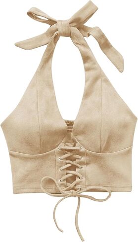 MakeMeChic Women's Lace Up Crop Halter Top Shirred Tie Back Sleeveless Suede Tops in Saudi Arabia