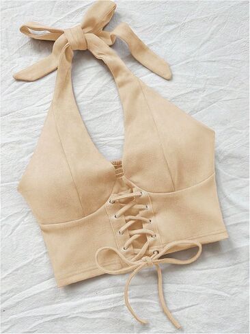 MakeMeChic Women's Lace Up Crop Halter Top Shirred Tie Back Sleeveless Suede Tops in Saudi Arabia
