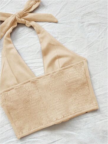 MakeMeChic Women's Lace Up Crop Halter Top Shirred Tie Back Sleeveless Suede Tops in Saudi Arabia