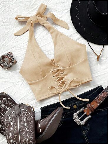 MakeMeChic Women's Lace Up Crop Halter Top Shirred Tie Back Sleeveless Suede Tops in Saudi Arabia