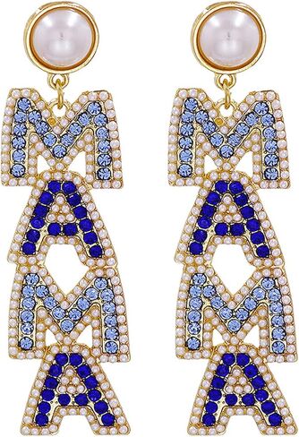 Elegant Shining Rhinestone Crystal Beaded MAMA Letter Drop Dangle Long Imitation Pearl Earrings Mother's Day Birthday Sweet Jewelry for Women Teens in Saudi Arabia