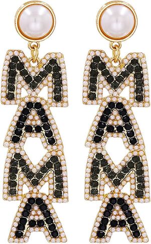 Elegant Shining Rhinestone Crystal Beaded MAMA Letter Drop Dangle Long Imitation Pearl Earrings Mother's Day Birthday Sweet Jewelry for Women Teens in Saudi Arabia